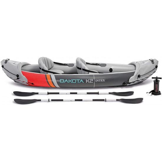 Intex 68310VM Dakota K2 2-Person Heavy-Duty Vinyl Inflatable Kayak with 86-Inch Oars and Air Pump, Gray & Red