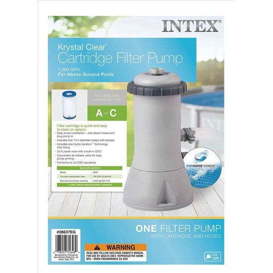 Intex Krystal Clear Cartridge Filter Pump for Above Ground Pools, 1000 GPH Pump Flow Rate, 110-120V with GFCI
