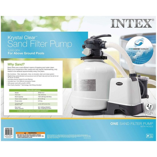 Intex 26651EG 16-Inch 3000 GPH Above Ground Pool Sand Filter Pump with Automatic Timer and 6-Function Control