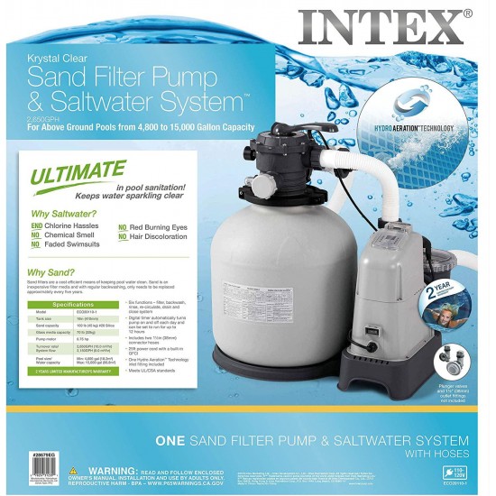 Intex Krystal Clear 2150 GPH Sand Filter Pump & Saltwater System with E.C.O. (Electrocatalytic Oxidation) for Above Ground Pools, 110-120V with GFCI