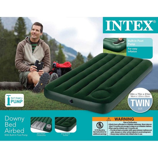 Intex Single Size Downy Airbed Inflatable Mattress with Built In Foot Pump 